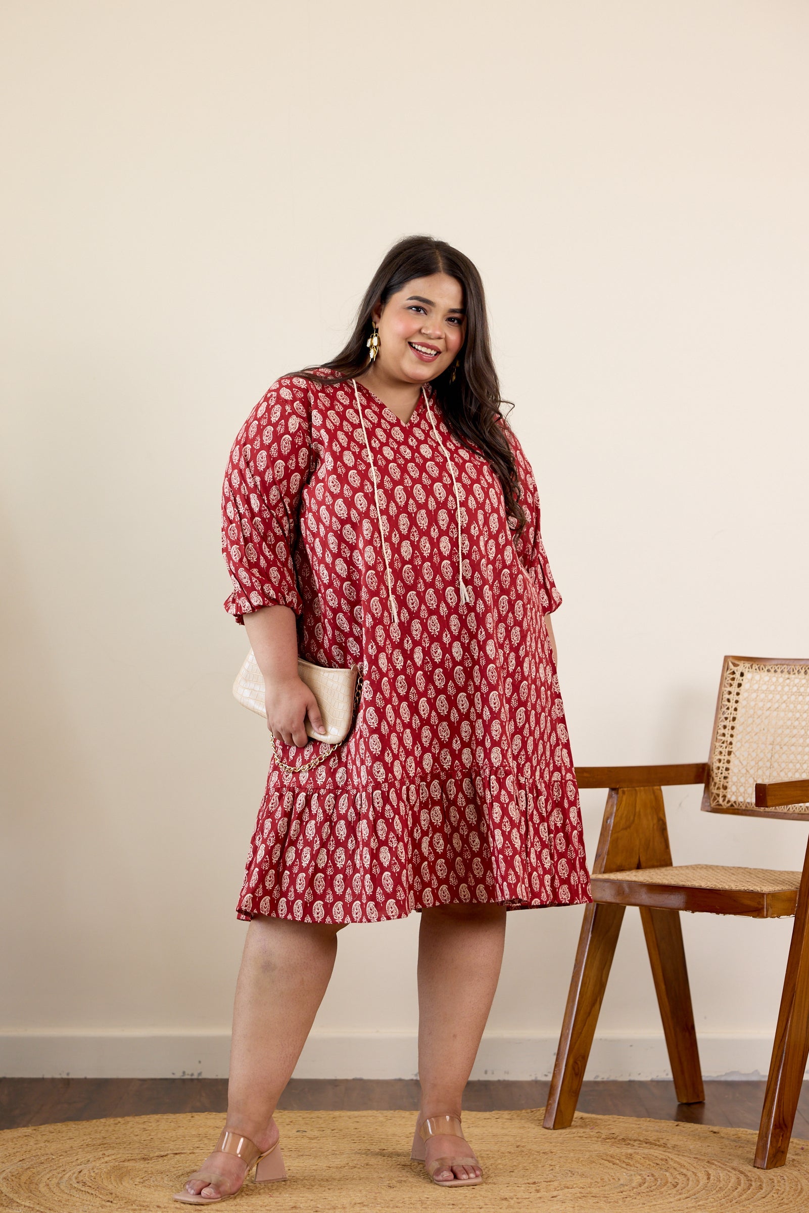 Women's Red Floral Motif Drop Waist Dress - Nangalia Ruchira