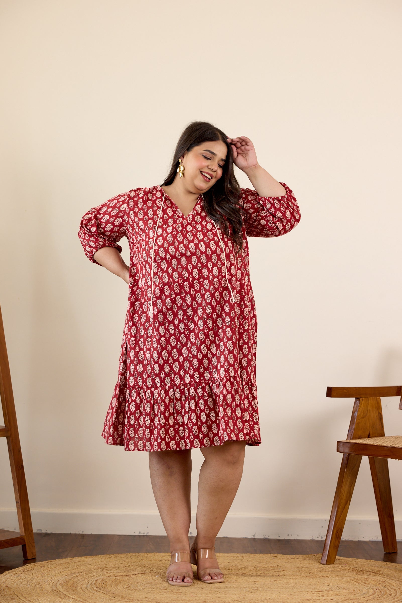 Women's Red Floral Motif Drop Waist Dress - Nangalia Ruchira