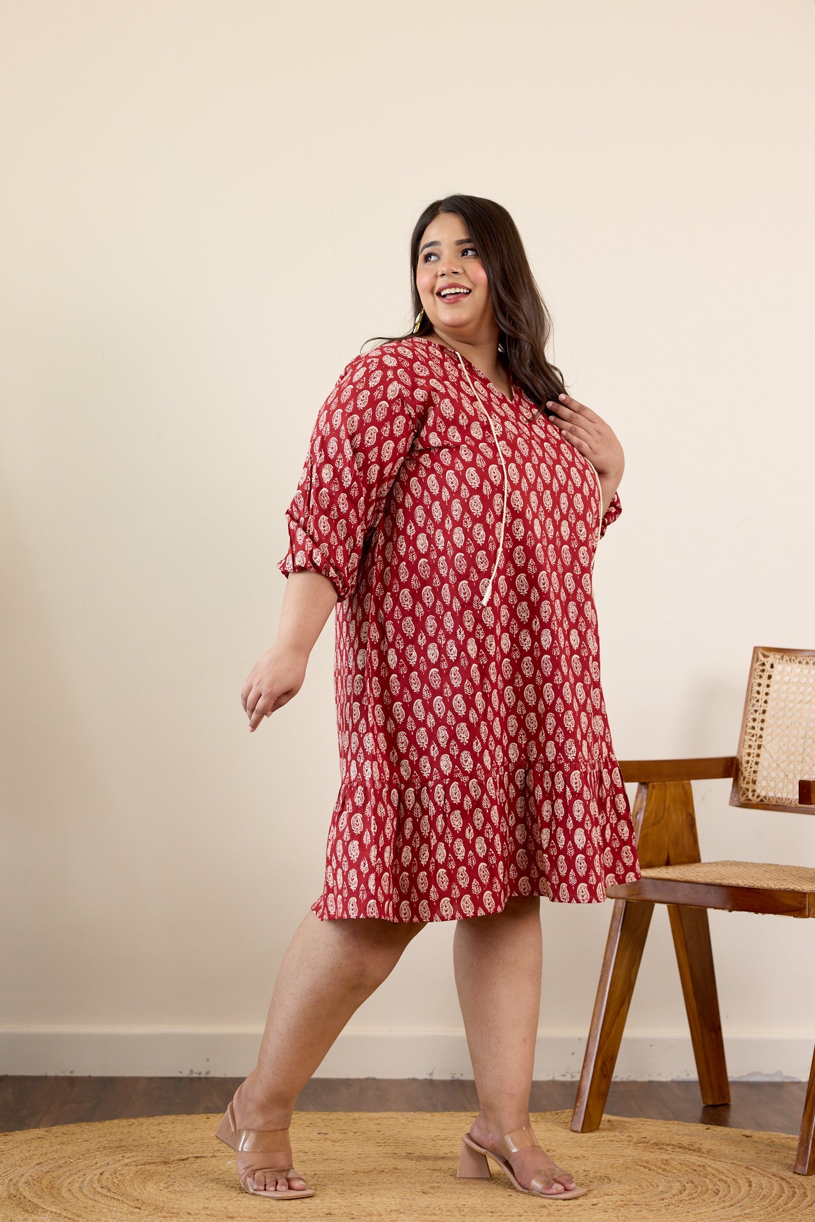 Women's Red Floral Motif Drop Waist Dress - Nangalia Ruchira