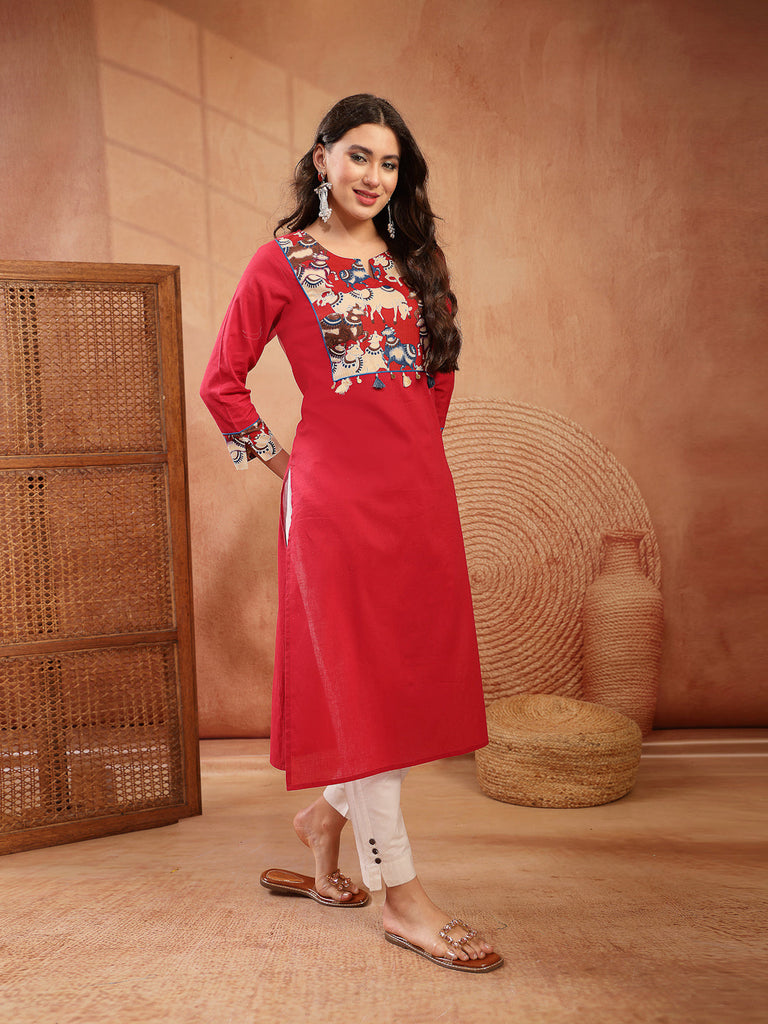 Women's Red Solid Rayon Straight Kurta