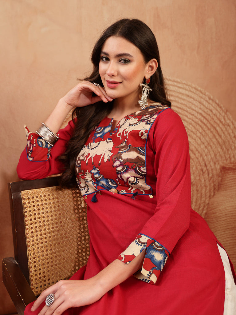 Women's Red Solid Rayon Straight Kurta