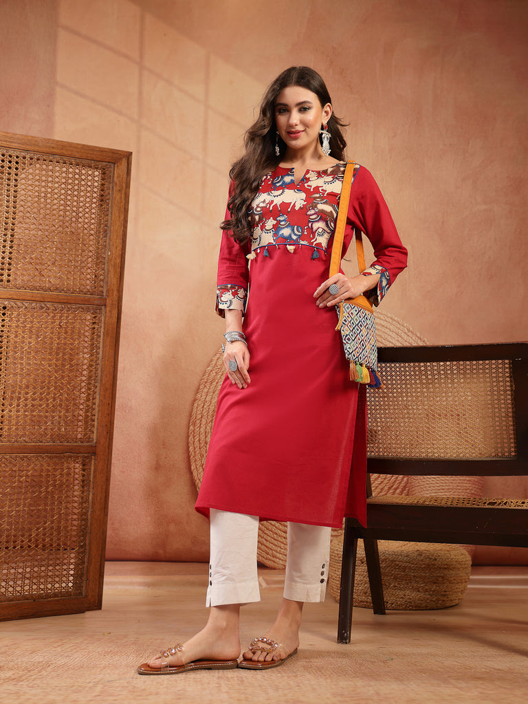 Women's Red Solid Rayon Straight Kurta