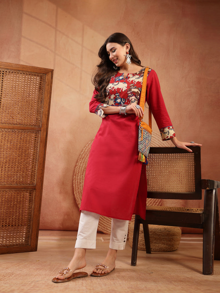 Women's Red Solid Rayon Straight Kurta