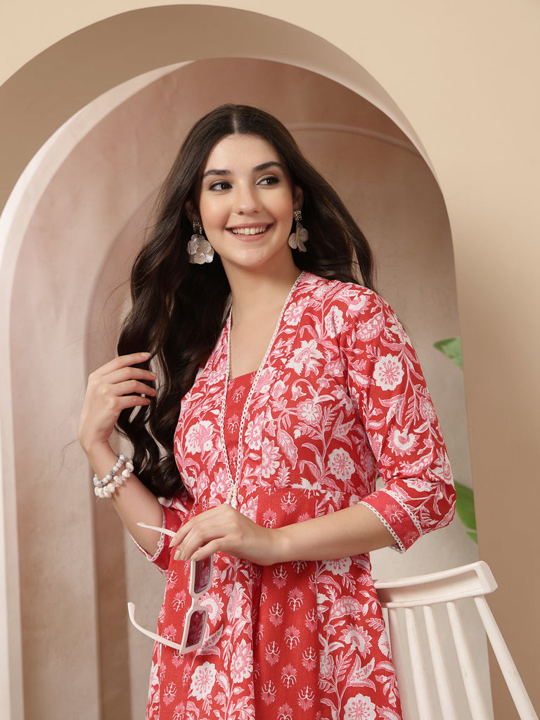 Women's Red Floral Printed Cotton Flared Kurta
