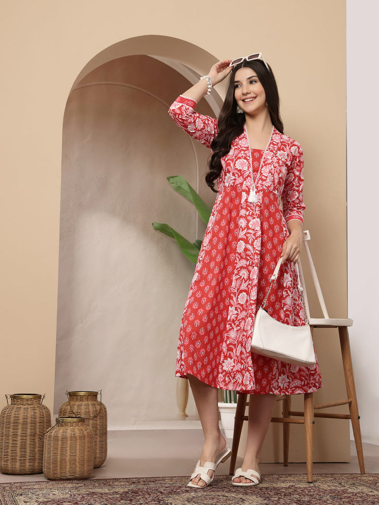 Women's Red Floral Printed Cotton Flared Kurta