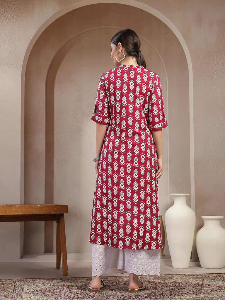 Women's Maroon Ikkat Printed Cotton A-line Kurta