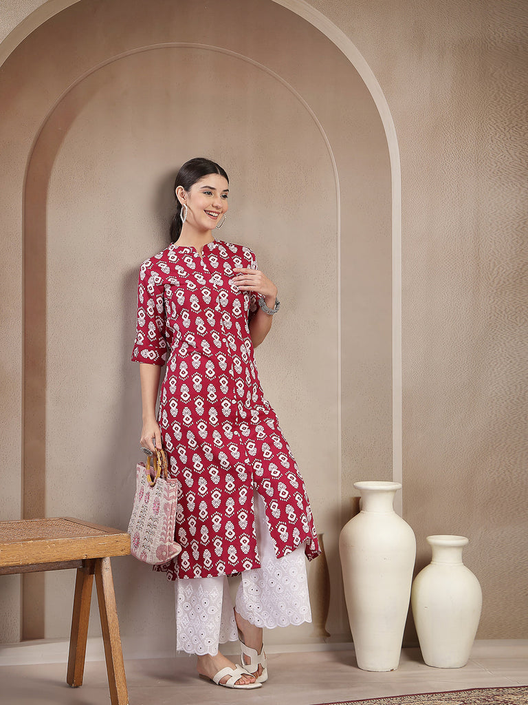 Women's Maroon Ikkat Printed Cotton A-line Kurta