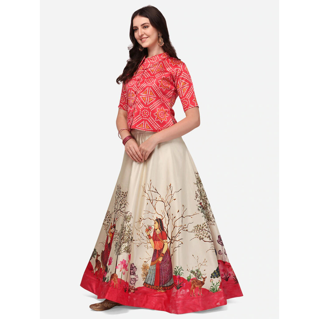 Women's Ethnic Motifs Digital Print Shiney Satin Croptop Lehenga Choli With Unstitched Blouse