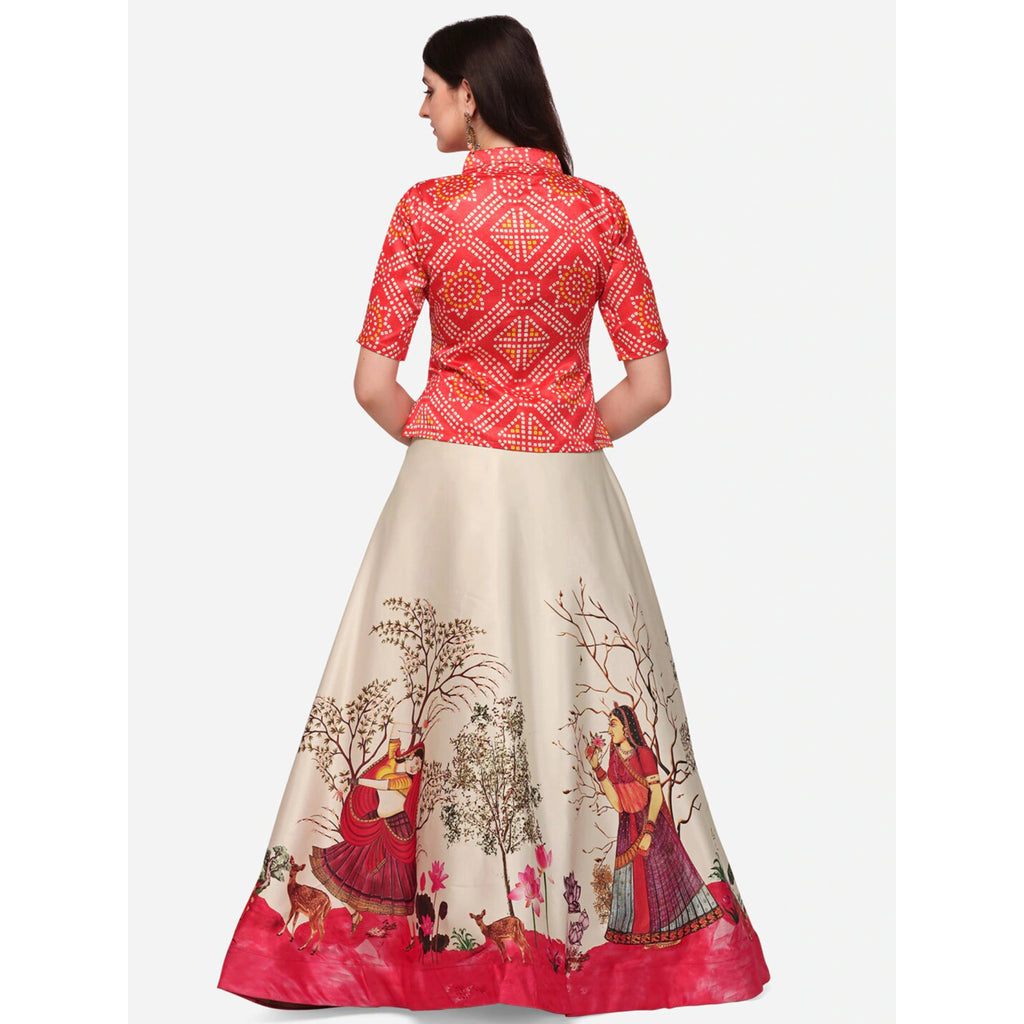 Women's Ethnic Motifs Digital Print Shiney Satin Croptop Lehenga Choli With Unstitched Blouse