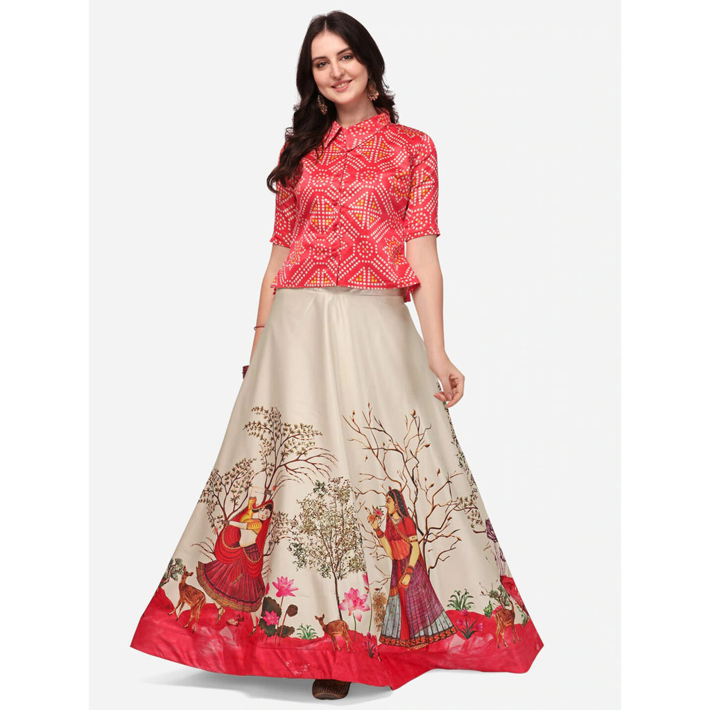 Women's Ethnic Motifs Digital Print Shiney Satin Croptop Lehenga Choli With Unstitched Blouse