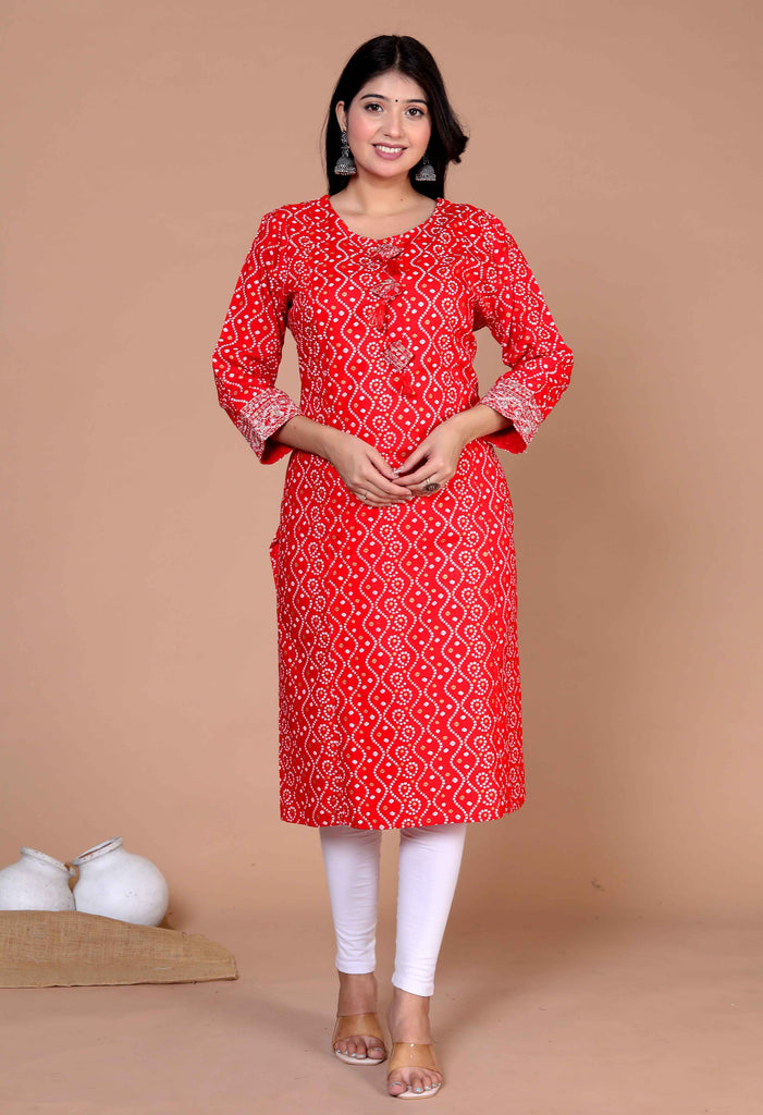 Women's Festive Wear Red Bandhani Printed Straight Kurti