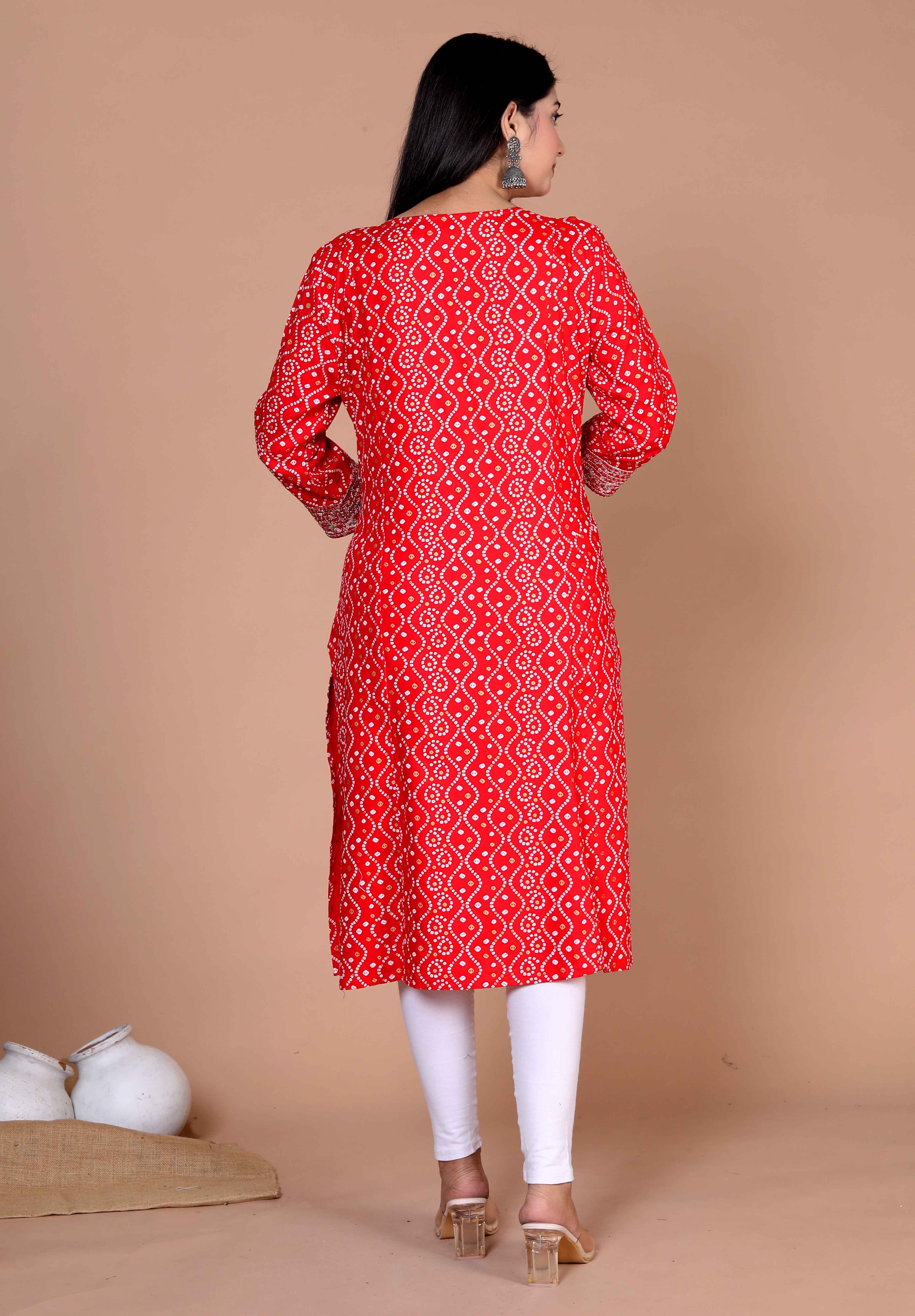 Women's Festive Wear Red Bandhani Printed Straight Kurti - Doriyaan