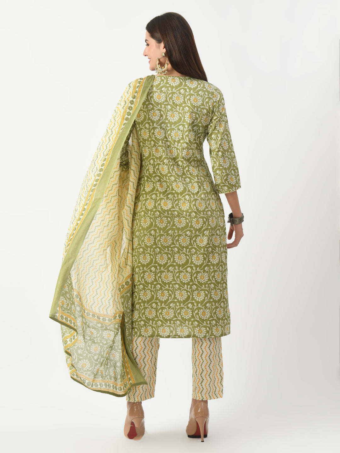 Women's Green Printed and Embroidered Kurta Pant With Dupatta Set - Taantav