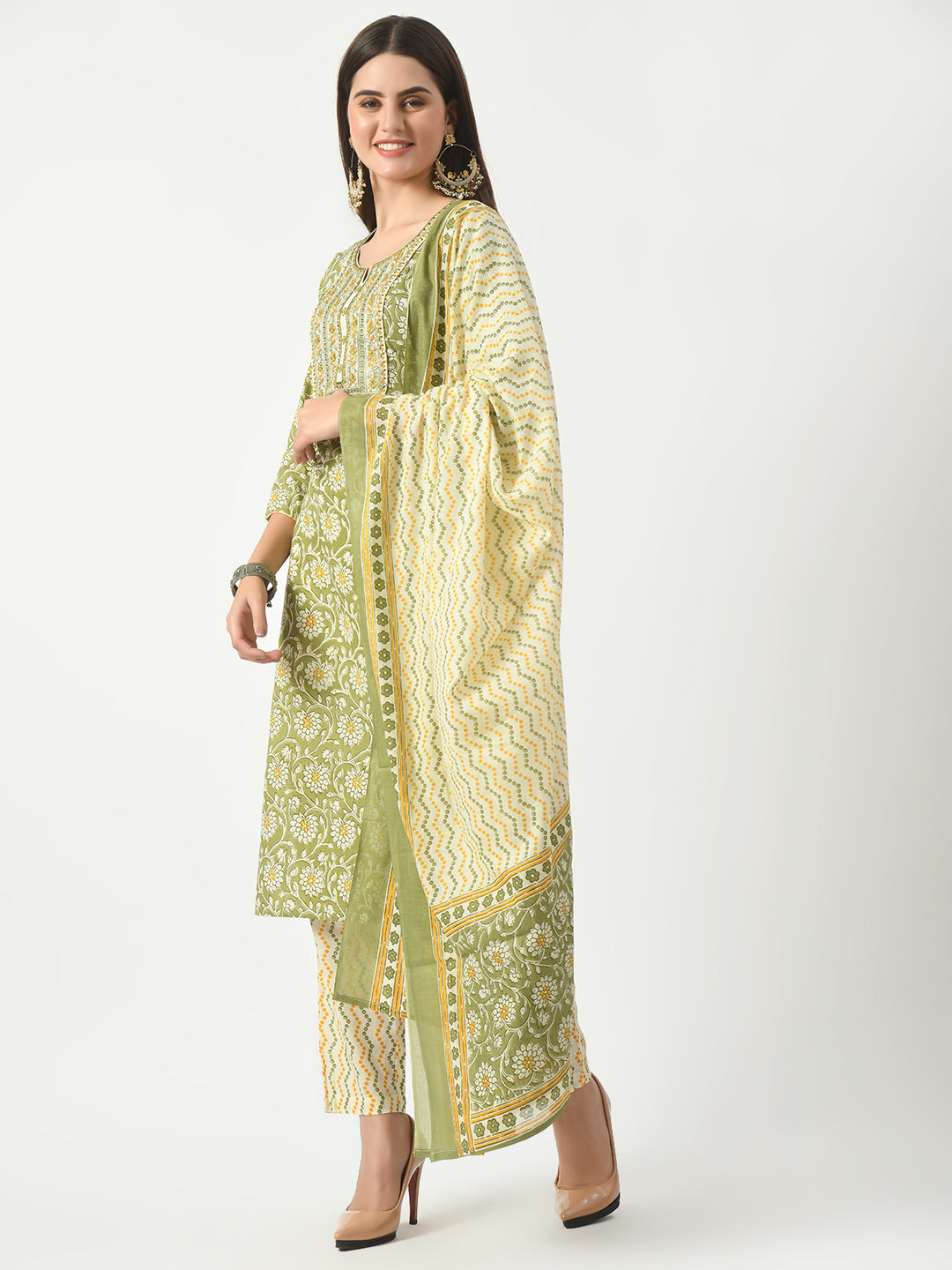 Women's Green Printed and Embroidered Kurta Pant With Dupatta Set - Taantav