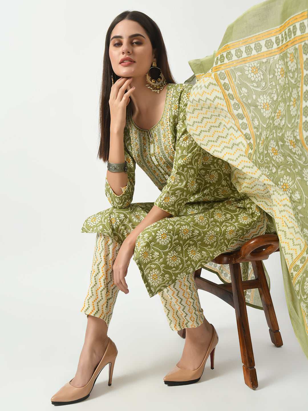 Women's Green Printed and Embroidered Kurta Pant With Dupatta Set - Taantav