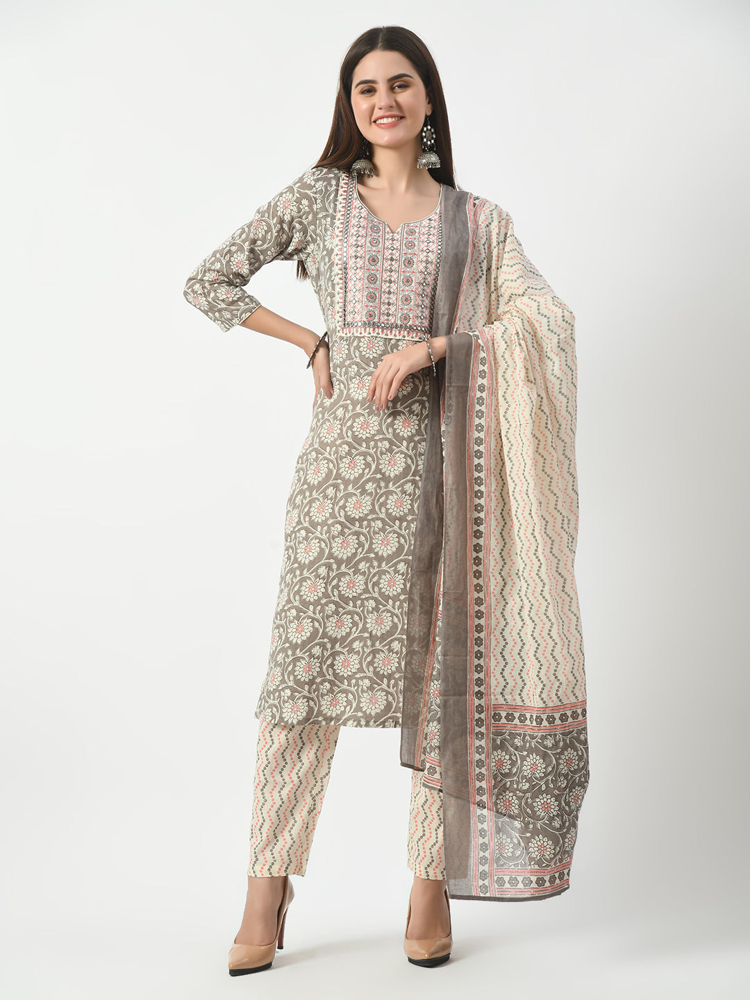 Women's Grey Printed and Embroidered Kurta Pant With Dupatta Set - Taantav