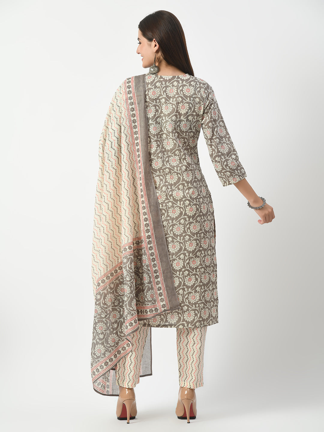 Women's Grey Printed and Embroidered Kurta Pant With Dupatta Set - Taantav