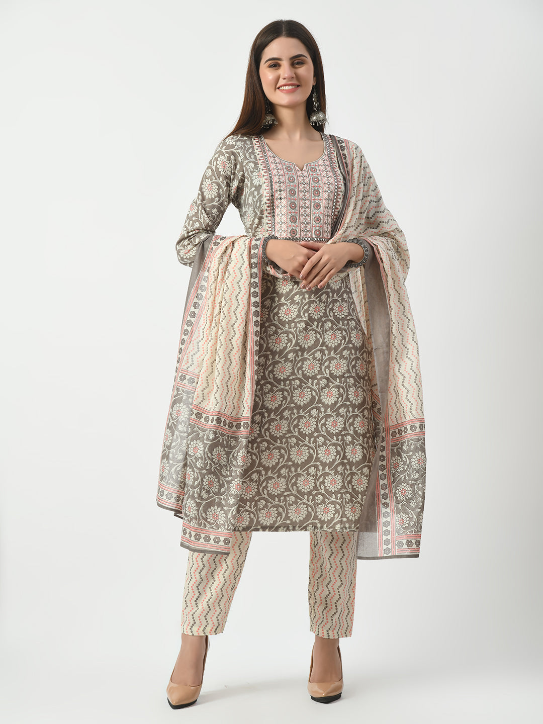 Women's Grey Printed and Embroidered Kurta Pant With Dupatta Set - Taantav