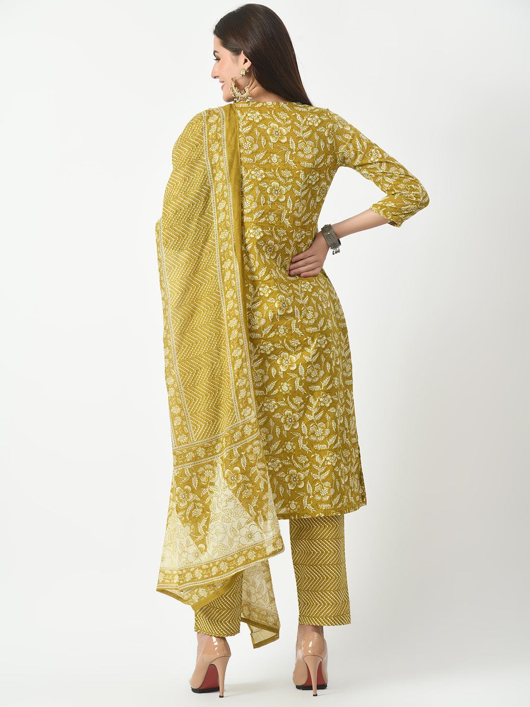 Women's Mustard Printed and Embroidered Kurta Pant With Dupatta Set - Taantav