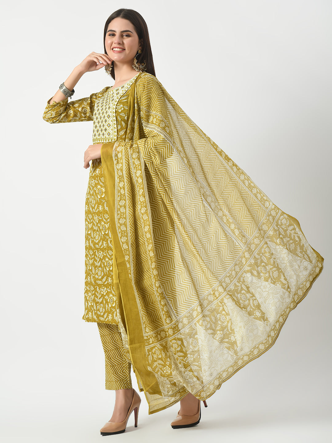 Women's Mustard Printed and Embroidered Kurta Pant With Dupatta Set - Taantav