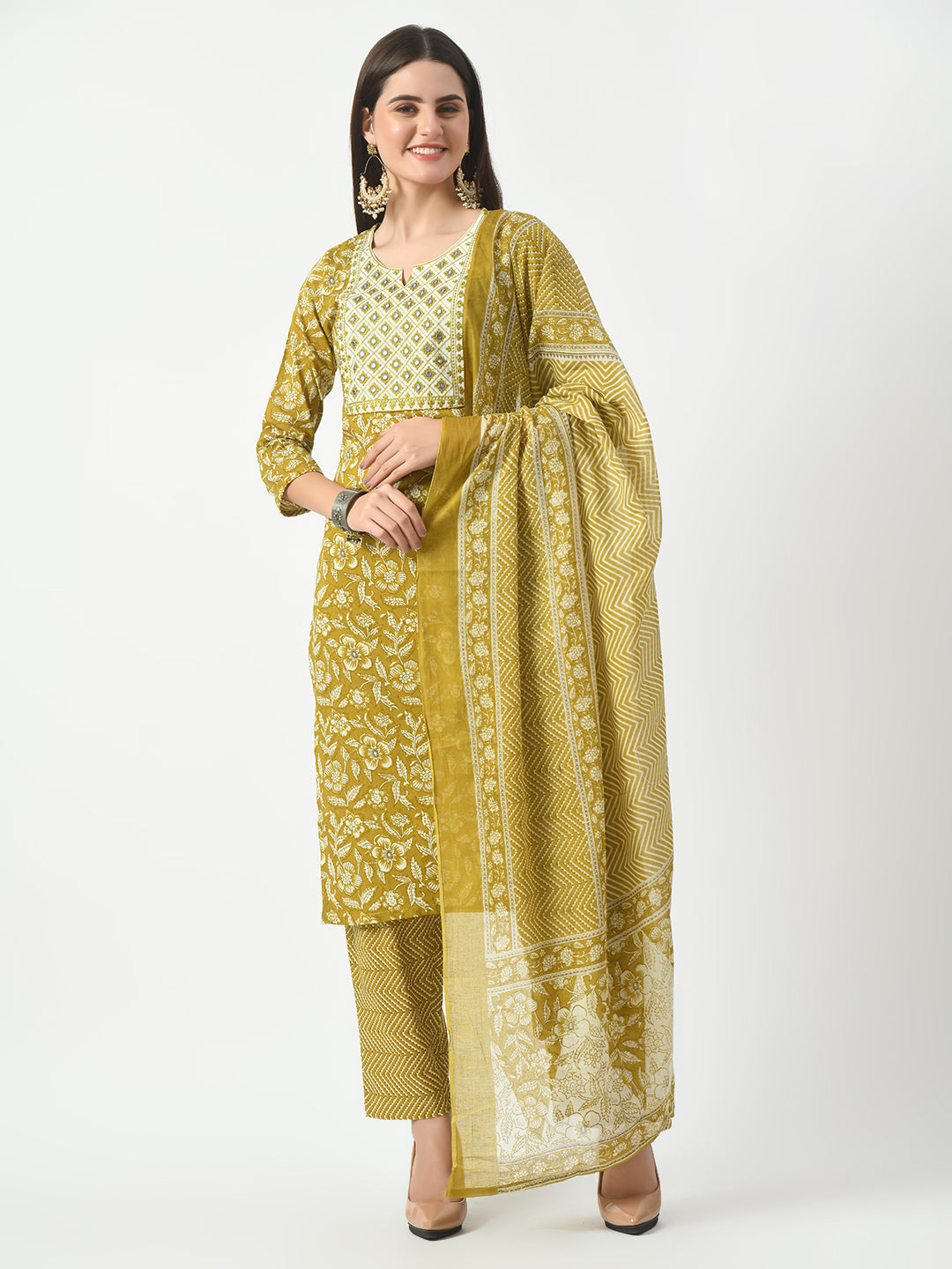 Women's Mustard Printed and Embroidered Kurta Pant With Dupatta Set - Taantav