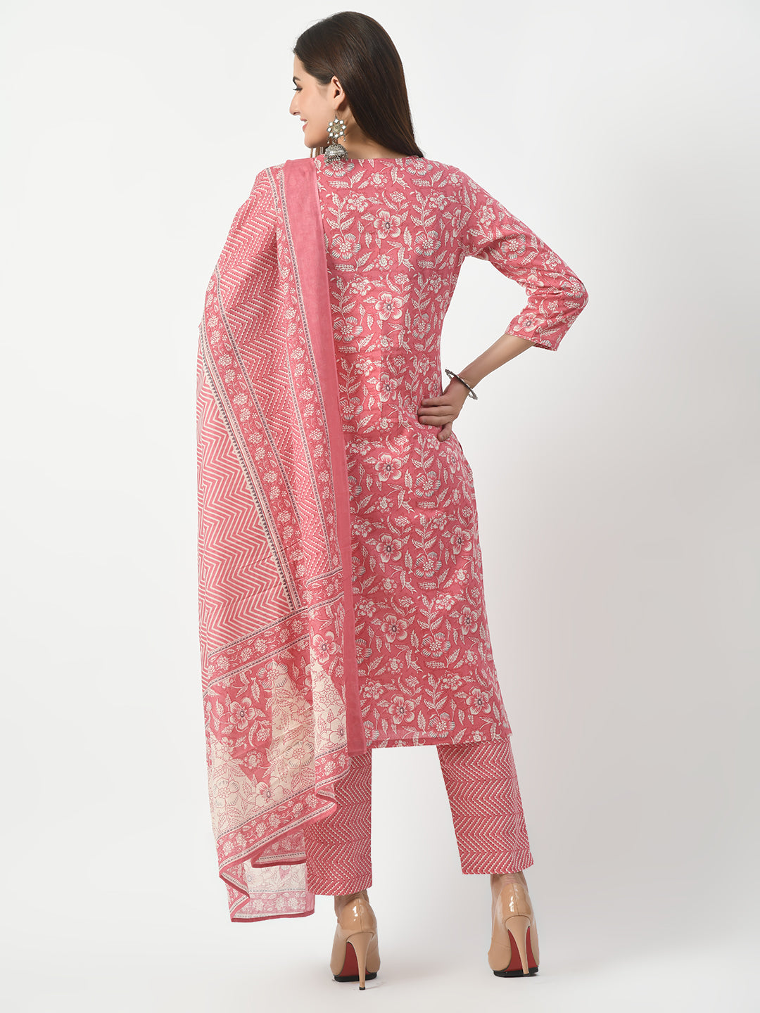 Women's Pink Printed and Embroidered Kurta Pant With Dupatta Set - Taantav