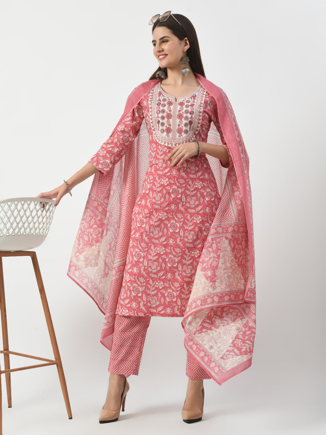 Women's Pink Printed and Embroidered Kurta Pant With Dupatta Set - Taantav