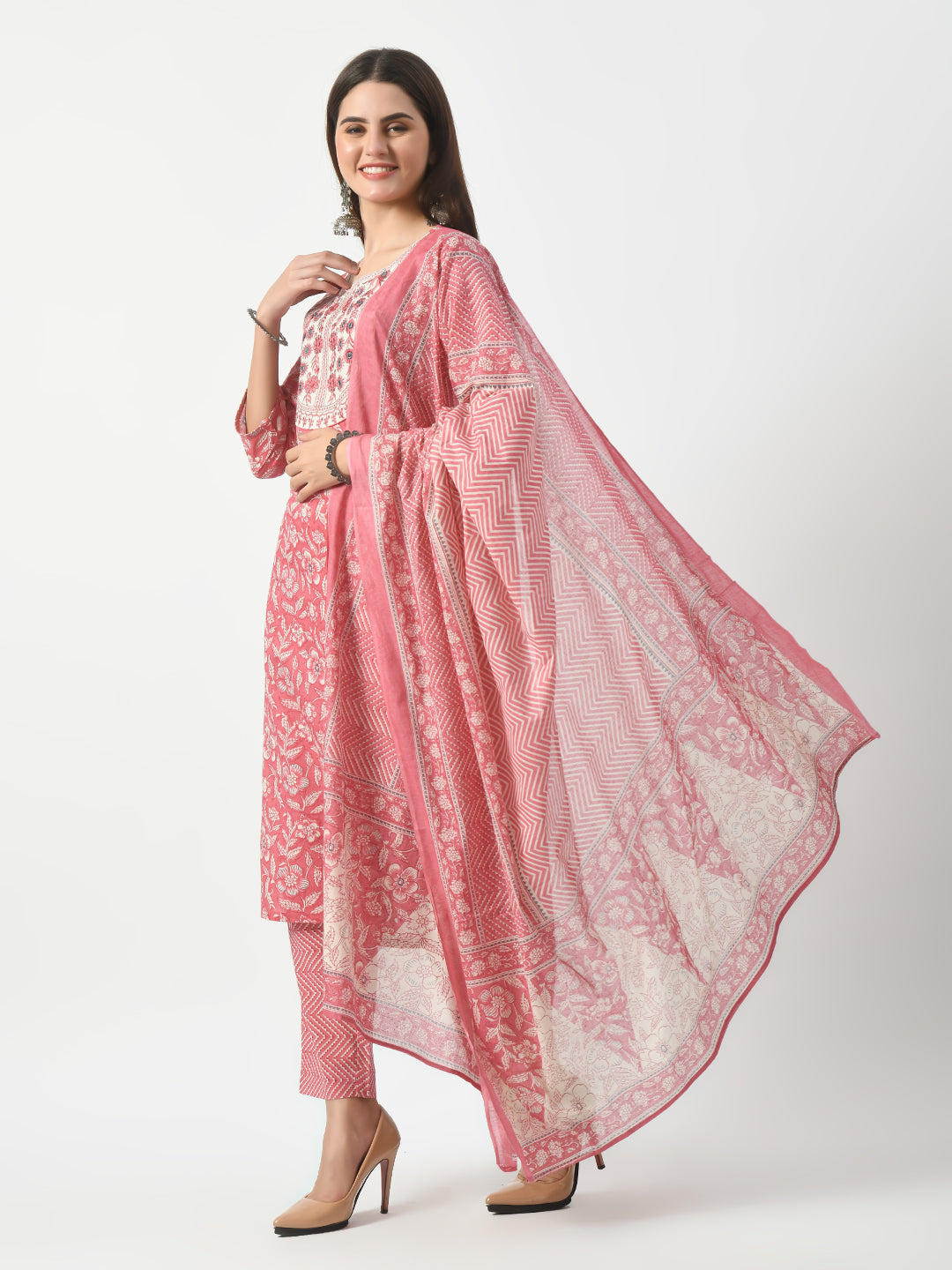 Women's Pink Printed and Embroidered Kurta Pant With Dupatta Set - Taantav