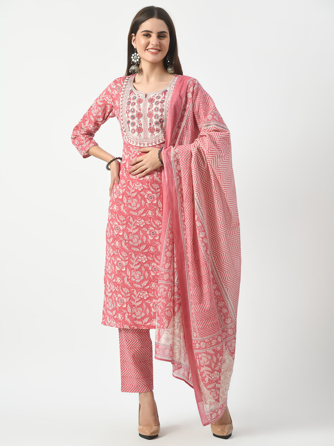 Women's Pink Printed and Embroidered Kurta Pant With Dupatta Set - Taantav