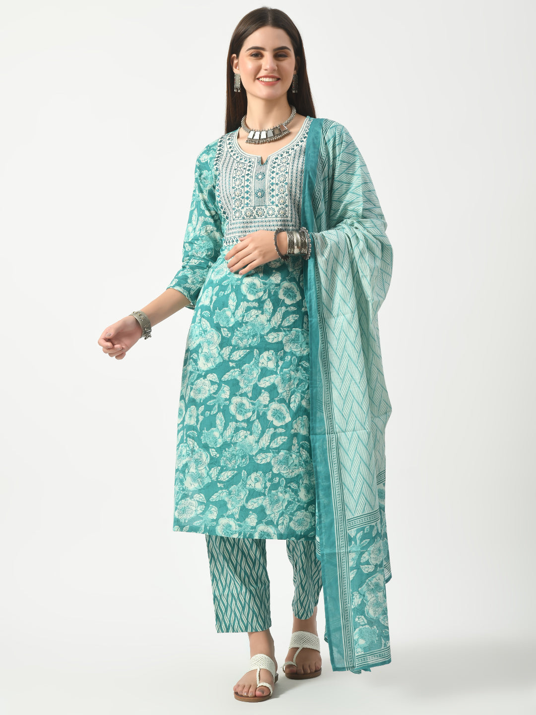 Women's Blue Printed and Embroidered Kurta Pant With Dupatta Set - Taantav