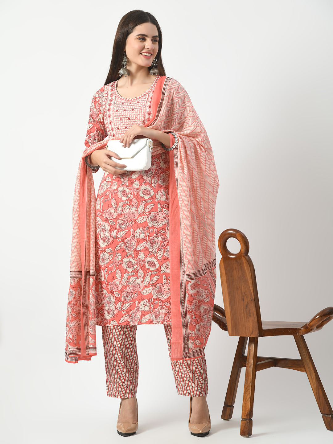 Women's Pink Printed and Embroidered Kurta Pant With Dupatta Set - Taantav