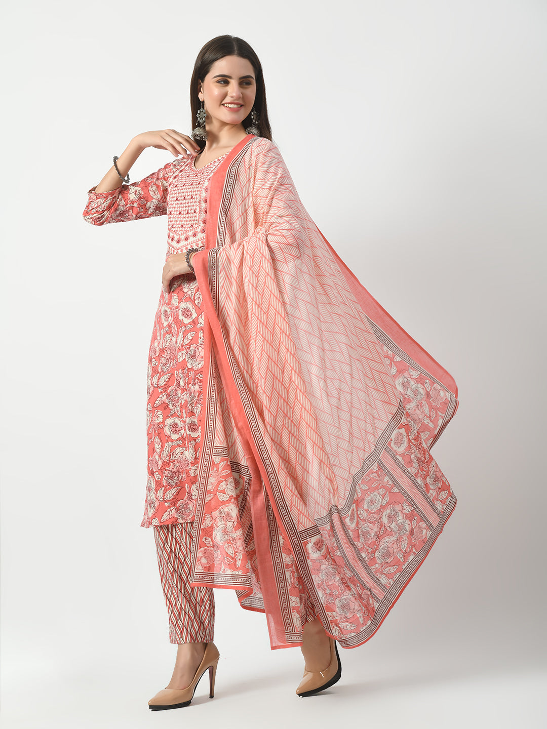 Women's Pink Printed and Embroidered Kurta Pant With Dupatta Set - Taantav