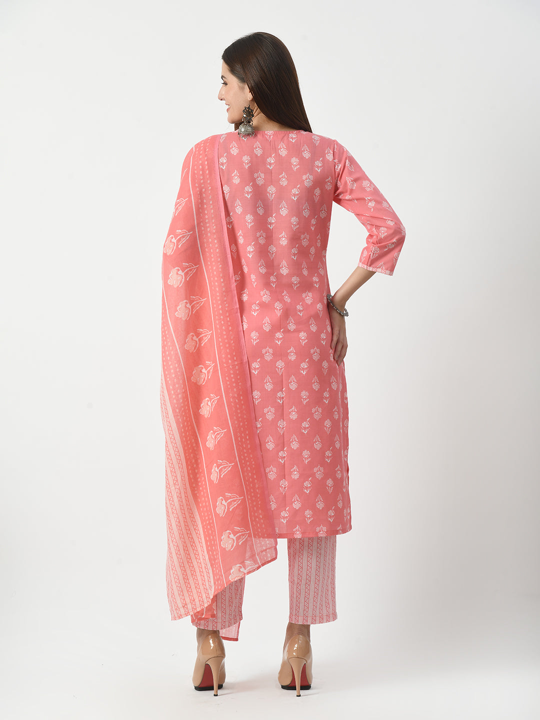 Women's Pink Printed and Embroidered Kurta Pant With Dupatta Set - Taantav