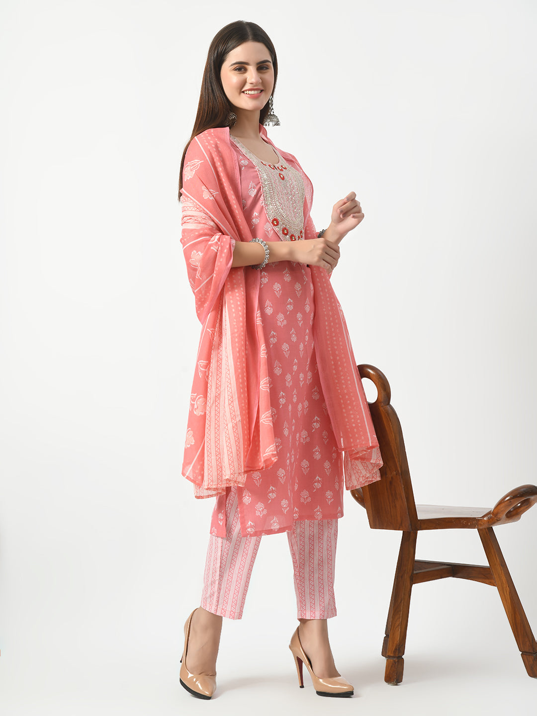 Women's Pink Printed and Embroidered Kurta Pant With Dupatta Set - Taantav