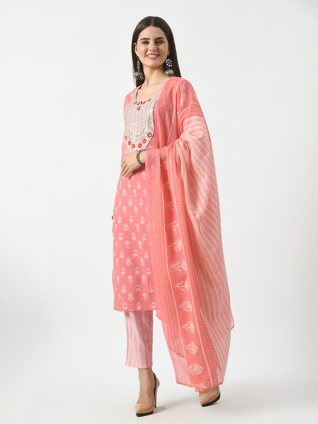 Women's Pink Printed and Embroidered Kurta Pant With Dupatta Set - Taantav