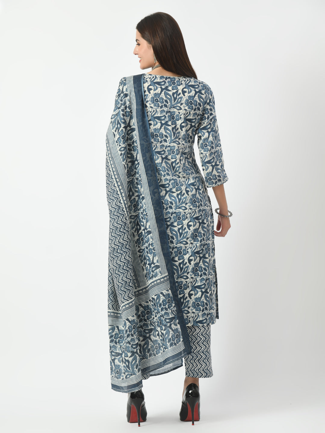 Women's Blue Printed and Embroidered Kurta Pant With Dupatta Set - Taantav