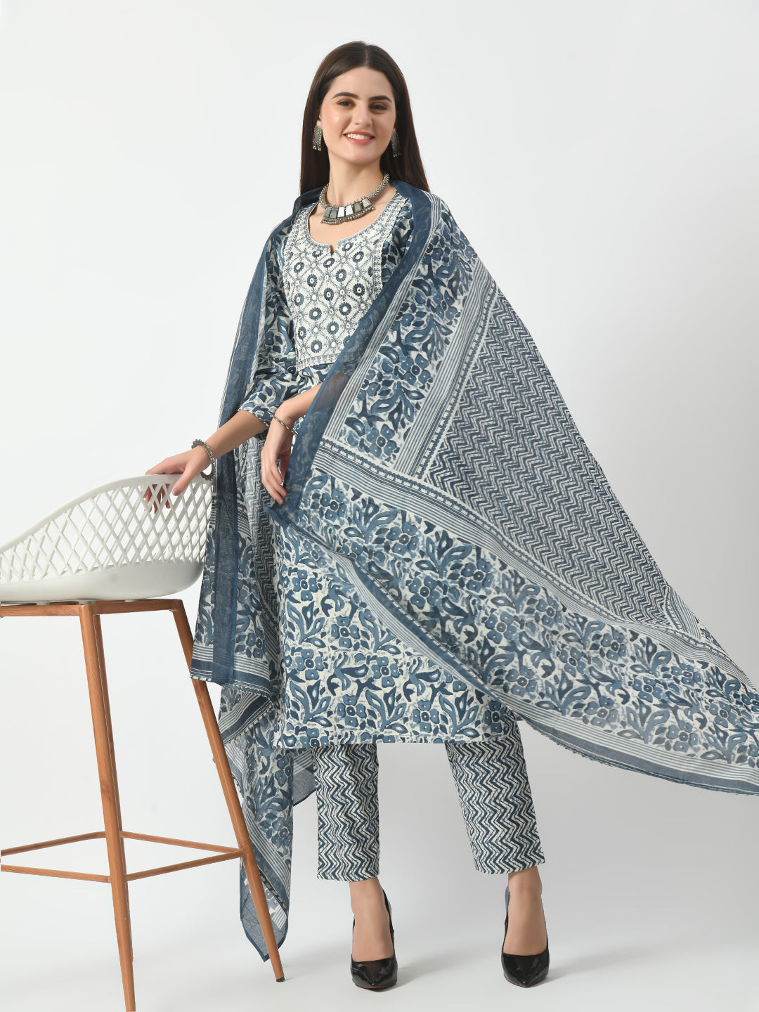 Women's Blue Printed and Embroidered Kurta Pant With Dupatta Set - Taantav