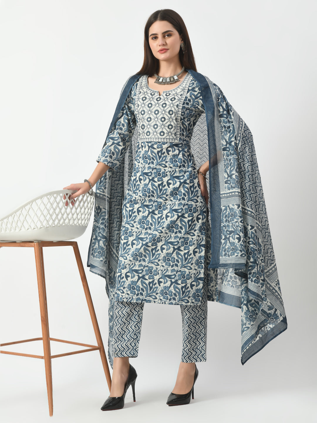 Women's Blue Printed and Embroidered Kurta Pant With Dupatta Set - Taantav