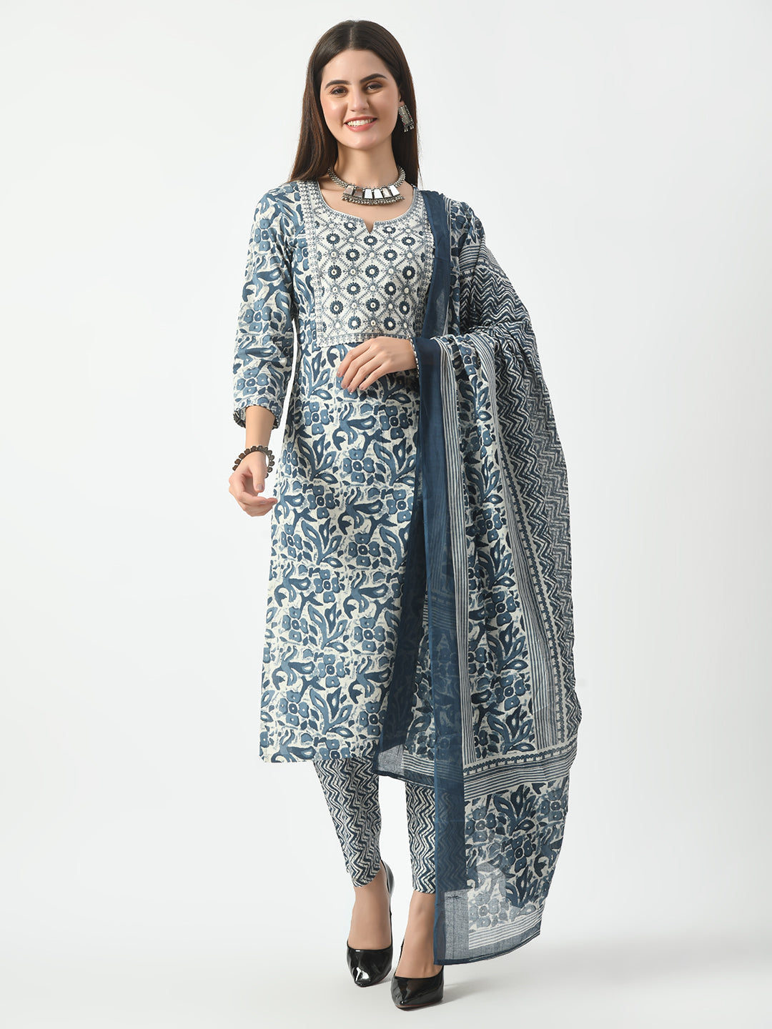 Women's Blue Printed and Embroidered Kurta Pant With Dupatta Set - Taantav