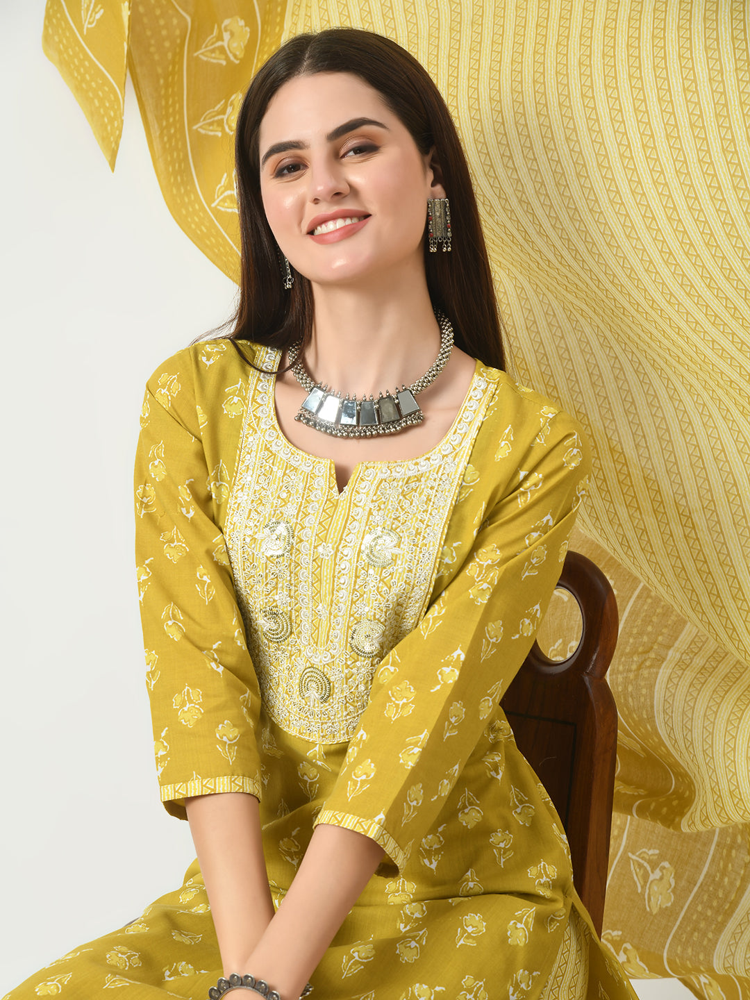 Women's Mustard Printed and Embroidered Kurta Pant With Dupatta Set - Taantav