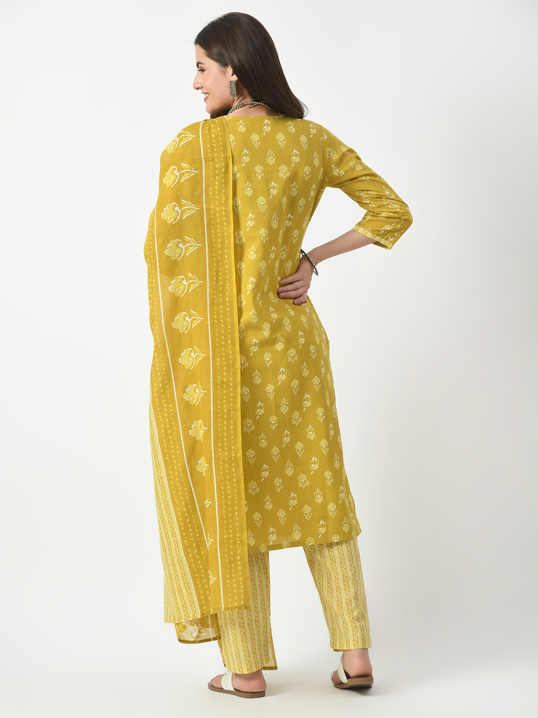 Women's Mustard Printed and Embroidered Kurta Pant With Dupatta Set - Taantav