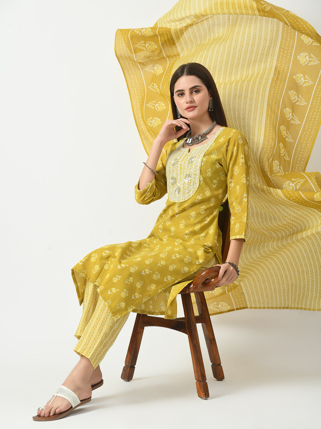 Women's Mustard Printed and Embroidered Kurta Pant With Dupatta Set - Taantav