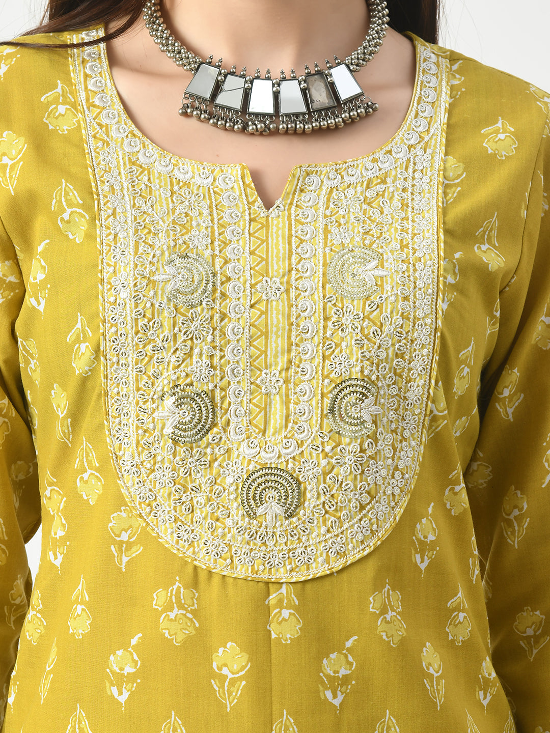 Women's Mustard Printed and Embroidered Kurta Pant With Dupatta Set - Taantav