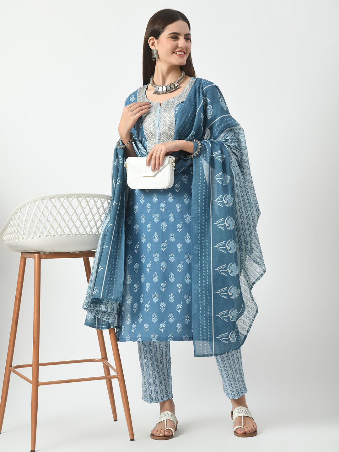 Women's Blue Printed and Embroidered Kurta Pant With Dupatta Set - Taantav