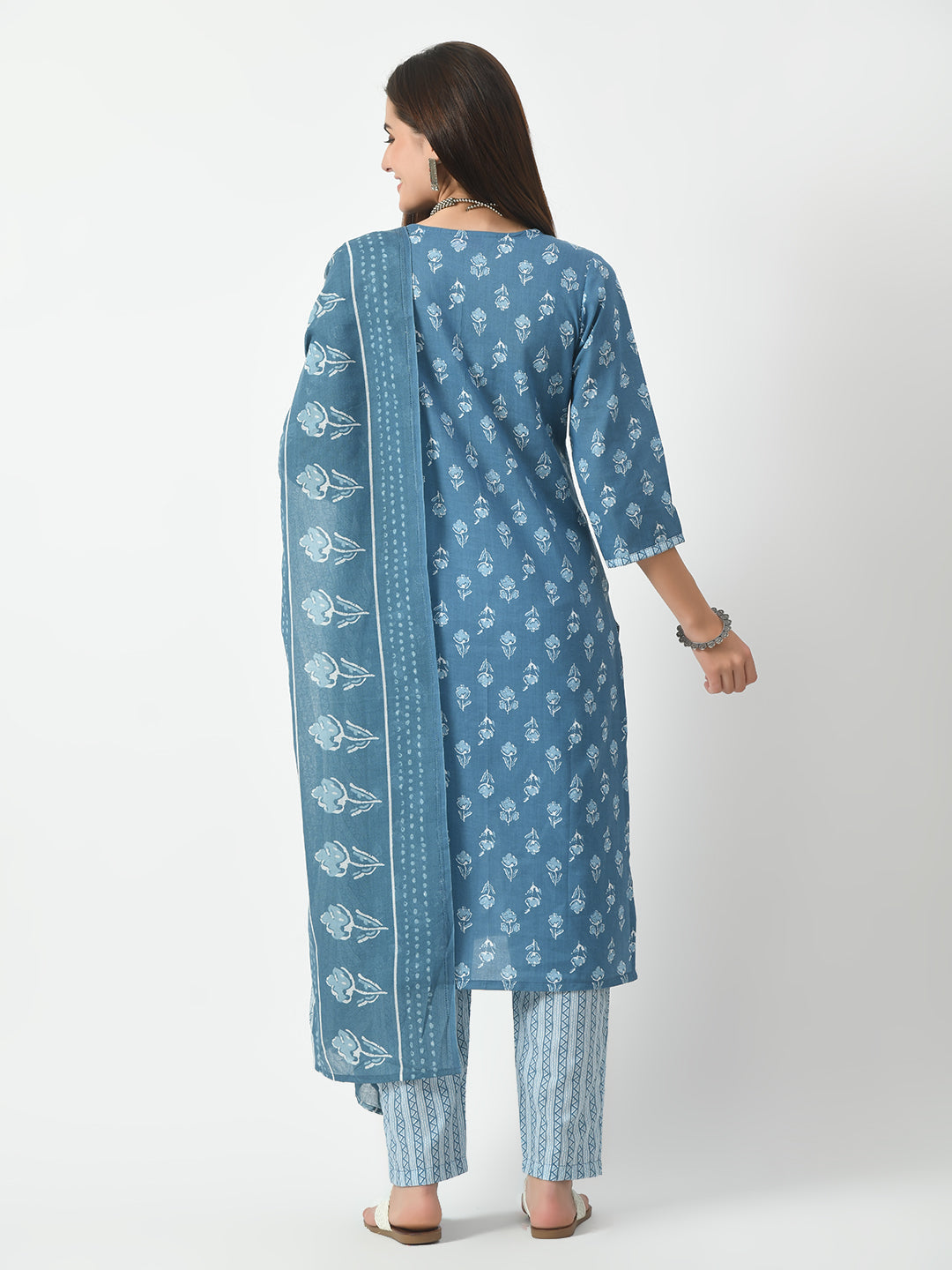 Women's Blue Printed and Embroidered Kurta Pant With Dupatta Set - Taantav