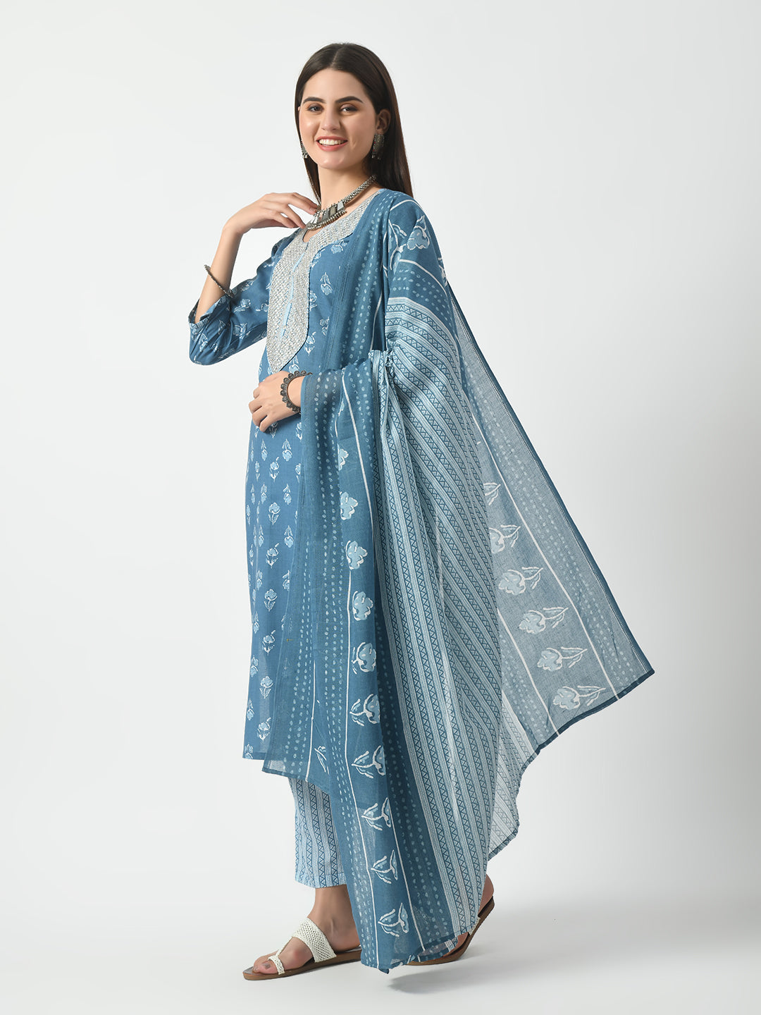 Women's Blue Printed and Embroidered Kurta Pant With Dupatta Set - Taantav