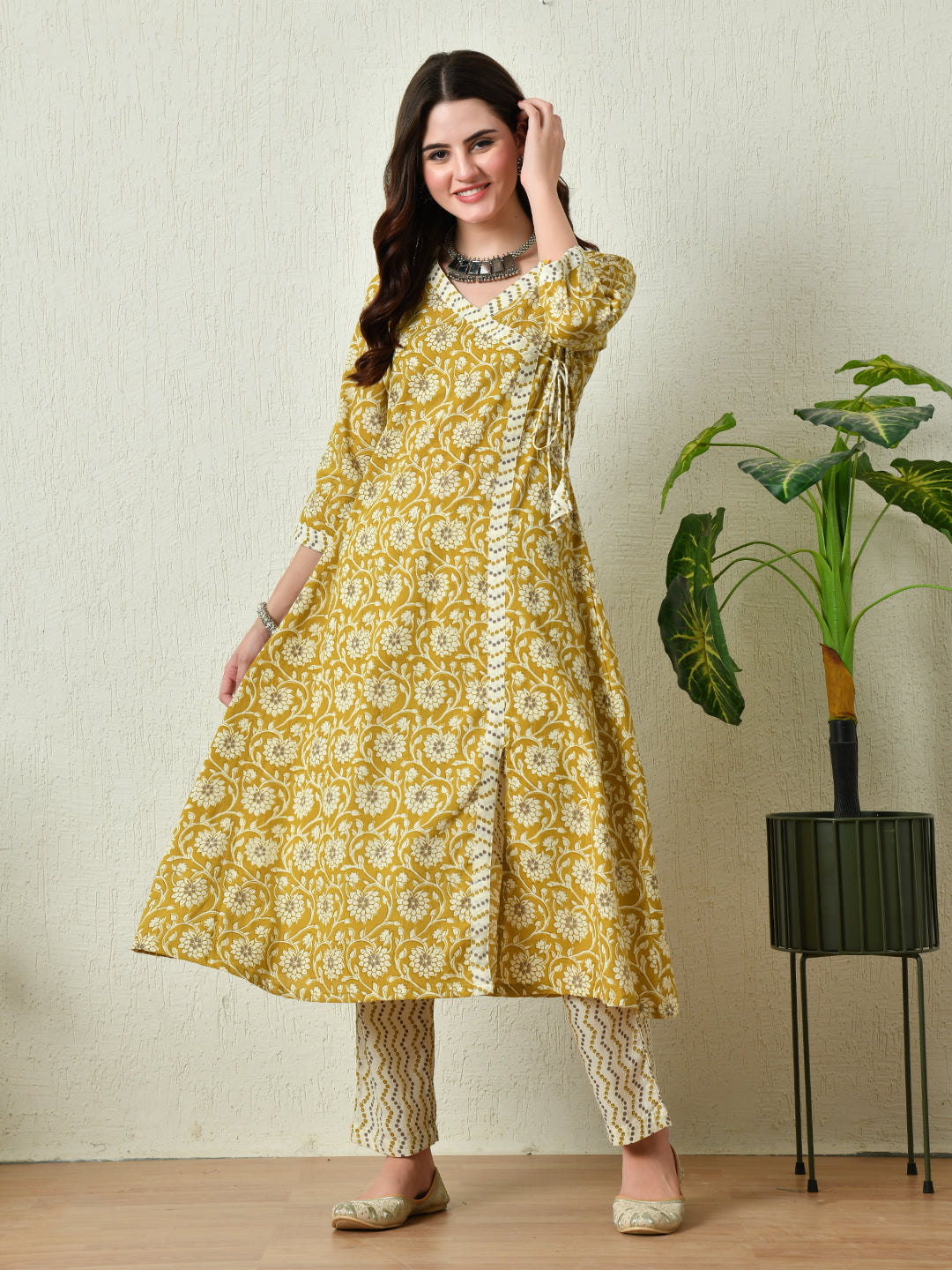 Women's Mustard Printed Angrakha A line Kurta Pant With Dupatta Set - Taantav