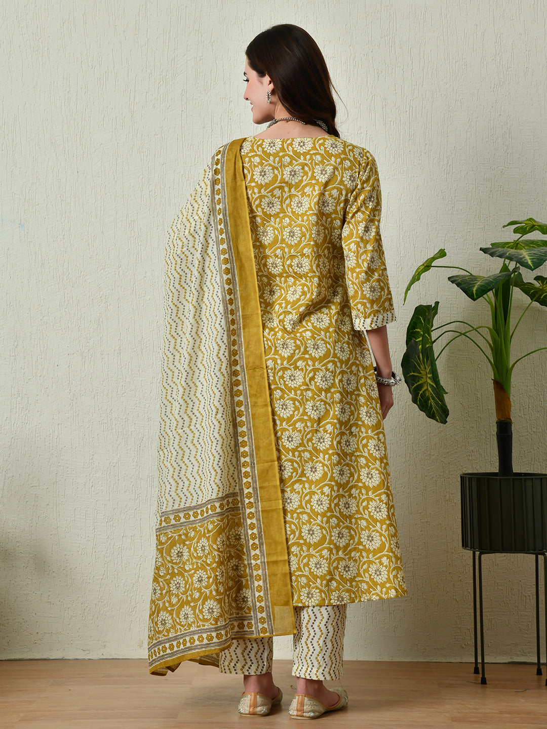 Women's Mustard Printed Angrakha A line Kurta Pant With Dupatta Set - Taantav