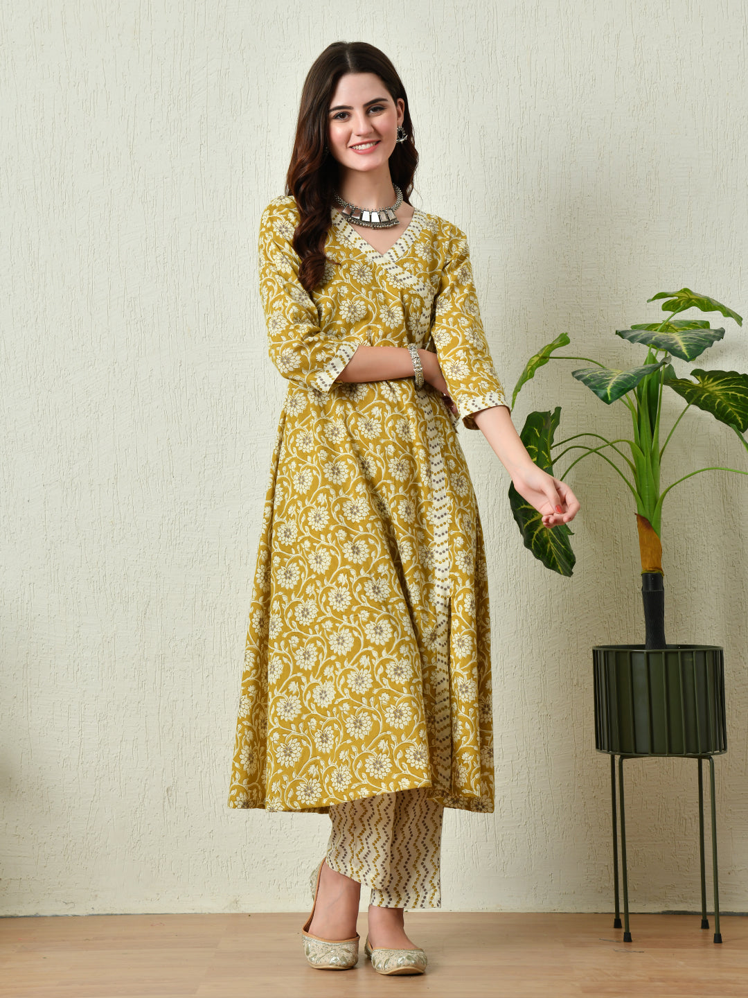 Women's Mustard Printed Angrakha A line Kurta Pant With Dupatta Set - Taantav