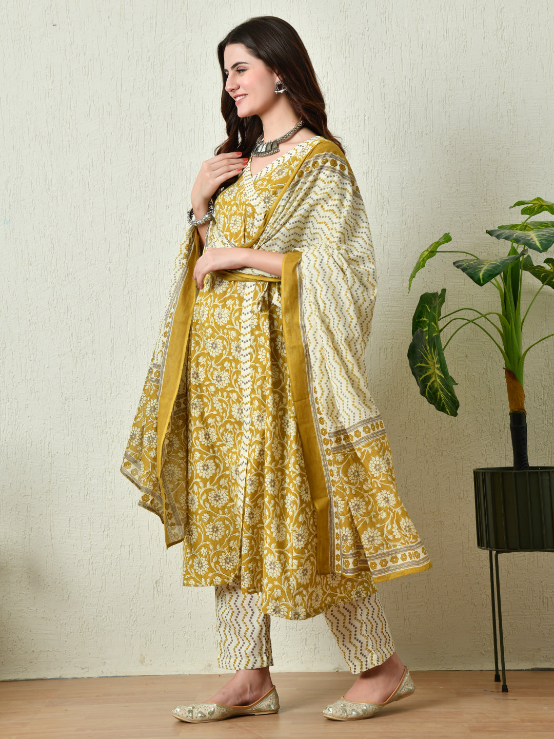 Women's Mustard Printed Angrakha A line Kurta Pant With Dupatta Set - Taantav